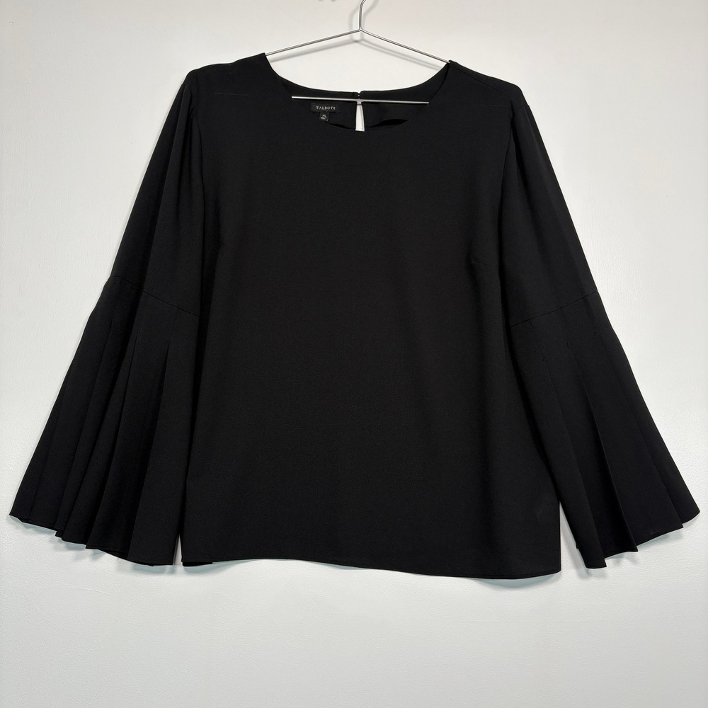 Talbots Women Blouse XL Black Pleated Bell Sleeve Keyhole Back Bohemian Office